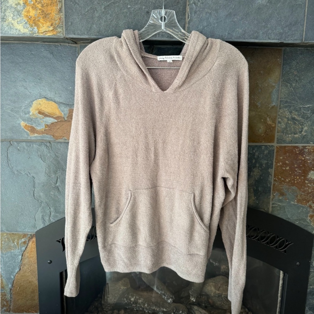 Young Fabulous and Broke Hooded Beige French Terry Hoodie with front Pocket Sm
